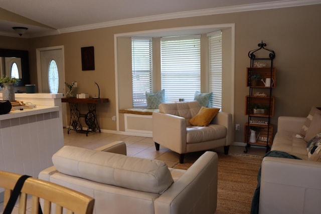 tiled living room with ornamental molding