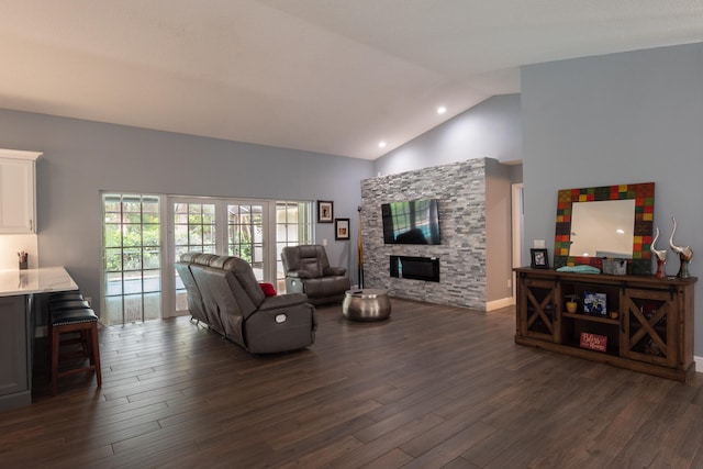 living room featuring a stone fireplace, high vaulted ceiling, and dark hardwood / wood-style flooring