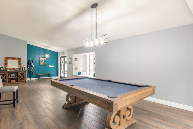 recreation room featuring pool table, lofted ceiling, and dark hardwood / wood-style floors