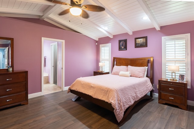 bedroom featuring vaulted ceiling with beams, wood-type flooring, ensuite bath, wooden ceiling, and ceiling fan