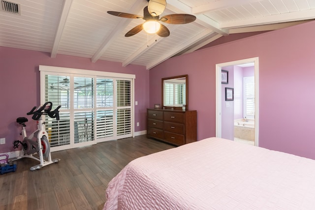 bedroom with connected bathroom, dark wood-type flooring, lofted ceiling with beams, and ceiling fan