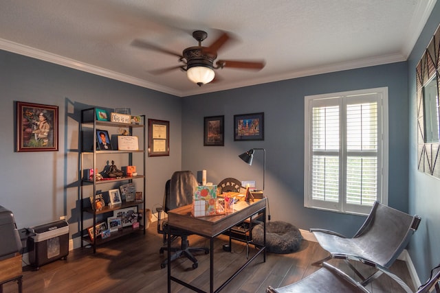 office area with ceiling fan, ornamental molding, a textured ceiling, and dark hardwood / wood-style floors