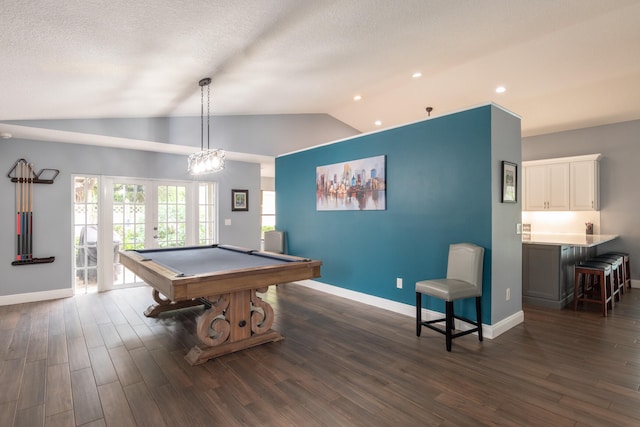 rec room featuring french doors, billiards, lofted ceiling, and dark hardwood / wood-style floors