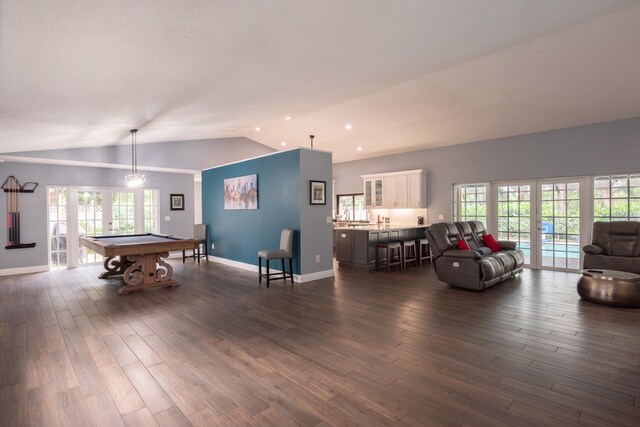 playroom featuring lofted ceiling, french doors, dark hardwood / wood-style floors, sink, and billiards