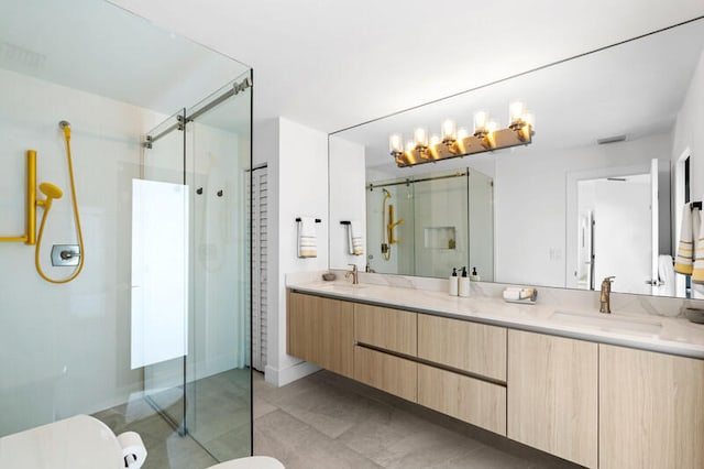 bathroom featuring vanity, an enclosed shower, and toilet