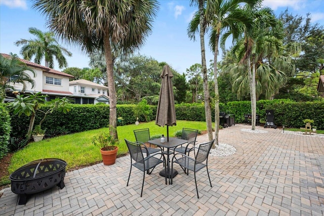 view of patio / terrace featuring an outdoor fire pit