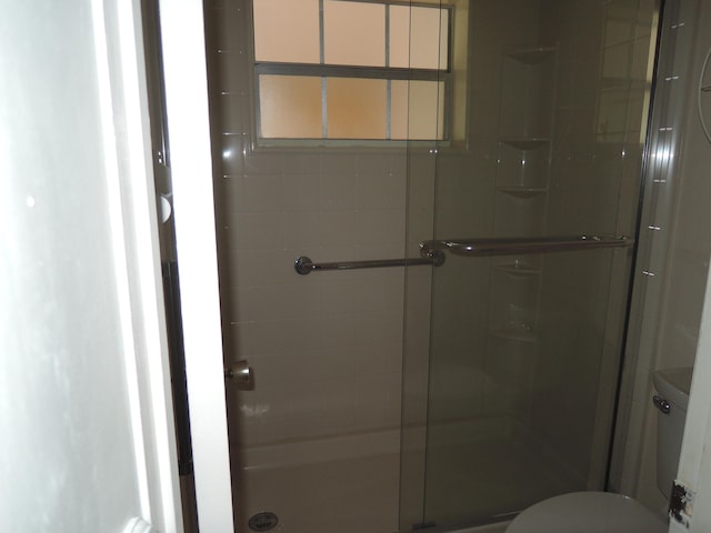 bathroom with toilet and a shower with door