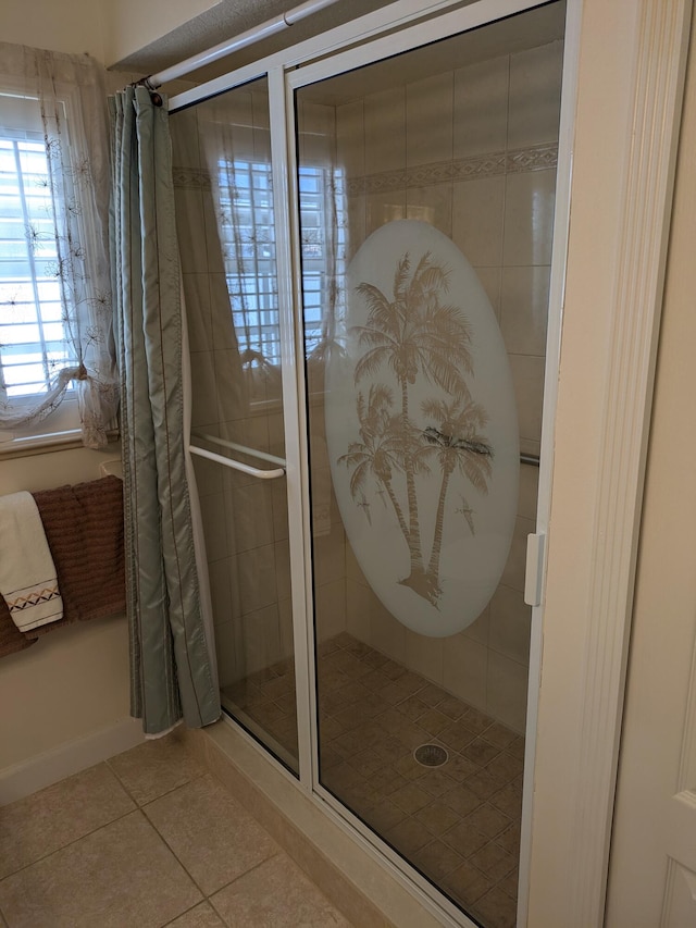 bathroom featuring a shower with curtain and tile patterned floors