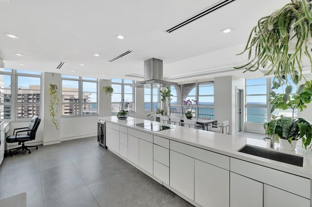 bedroom featuring a water view, a raised ceiling, carpet flooring, and multiple windows