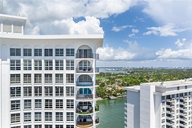 view of building exterior featuring a water view