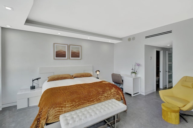bedroom featuring visible vents, recessed lighting, and concrete flooring