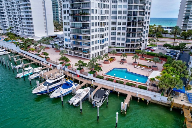 aerial view featuring a water view