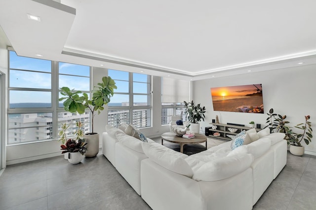 living area featuring a raised ceiling and recessed lighting