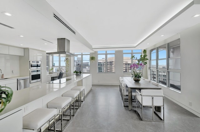 kitchen featuring island exhaust hood, a sink, stainless steel appliances, white cabinetry, and modern cabinets