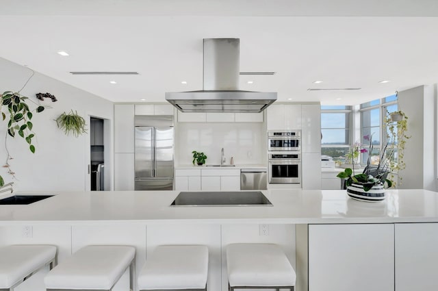 kitchen featuring island exhaust hood, white cabinets, stainless steel appliances, modern cabinets, and a sink