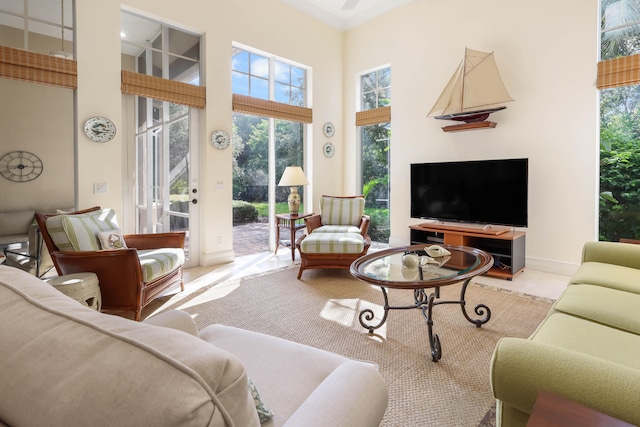 living room with a high ceiling