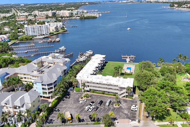 drone / aerial view featuring a water view