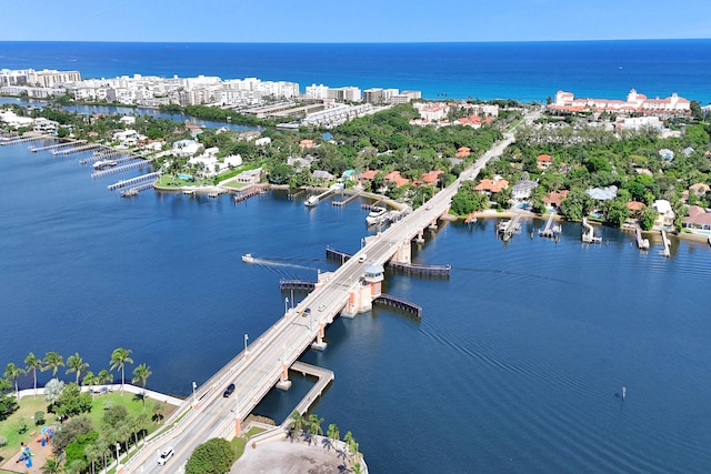 drone / aerial view featuring a water view