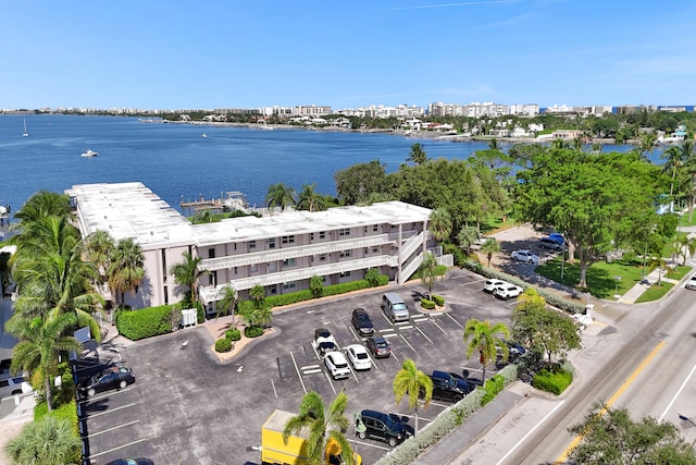 bird's eye view with a water view