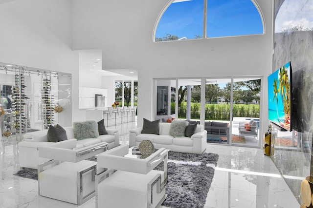 living room featuring a high ceiling and plenty of natural light