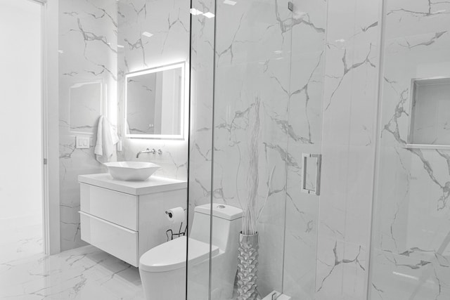 bathroom featuring walk in shower, vanity, and toilet