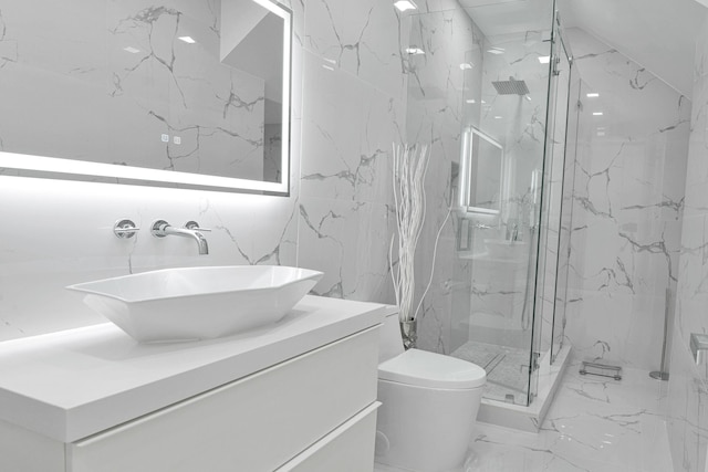 bathroom featuring walk in shower, vanity, and toilet