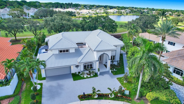 bird's eye view with a water view