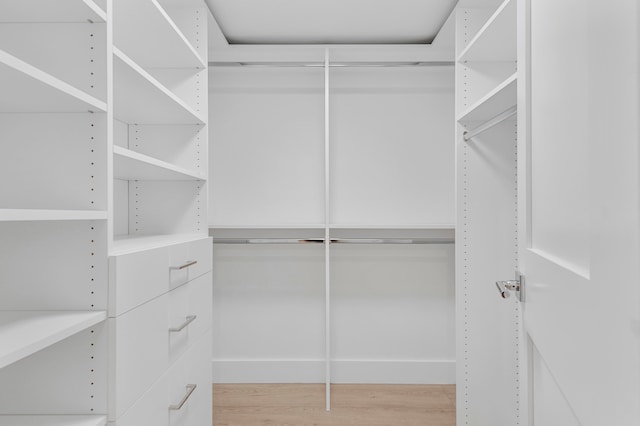 walk in closet with light hardwood / wood-style flooring