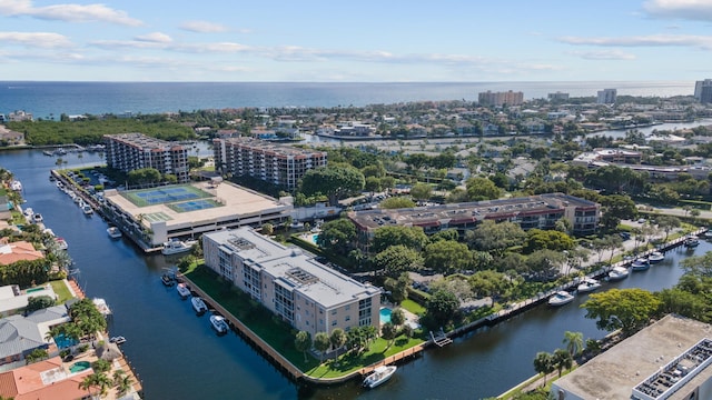 drone / aerial view featuring a water view