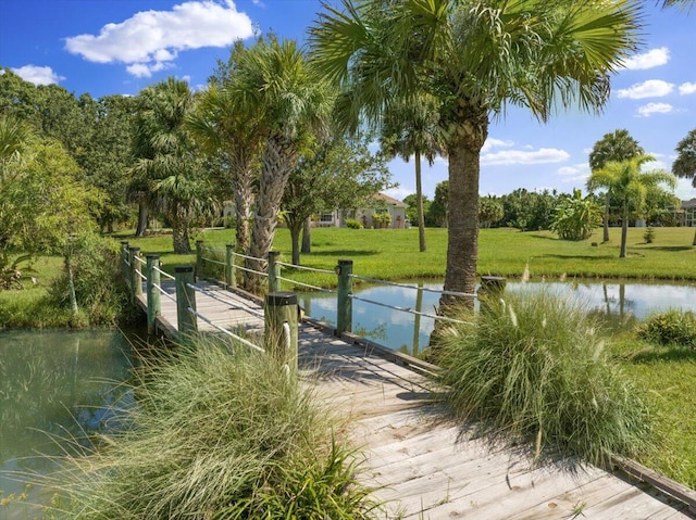 view of home's community with a yard and a water view