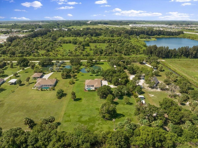 bird's eye view featuring a water view and a rural view