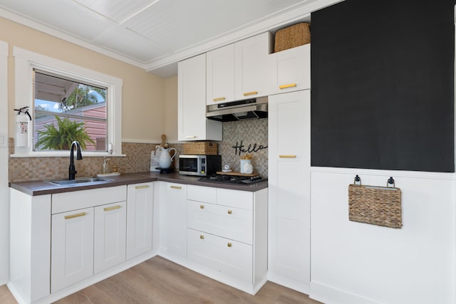 kitchen featuring tasteful backsplash, sink, light wood-type flooring, white cabinetry, and stainless steel appliances