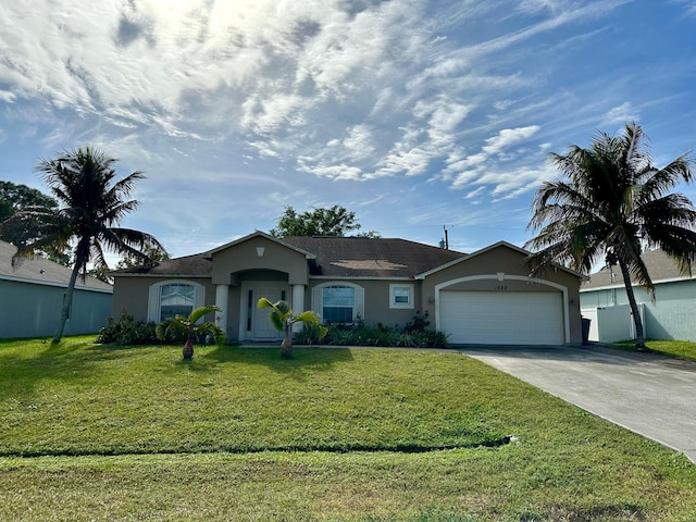 ranch-style home featuring a garage and a front lawn