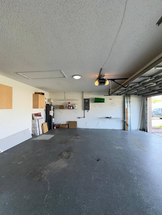 garage with water heater, electric panel, and a garage door opener