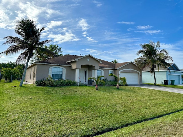 ranch-style house with a front yard and a garage