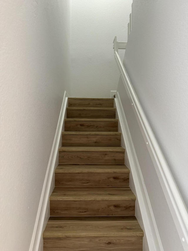 stairway with hardwood / wood-style flooring