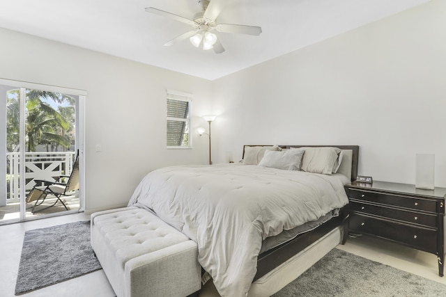 bedroom with concrete floors, access to exterior, and a ceiling fan