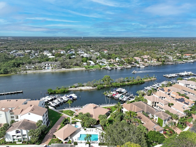 birds eye view of property featuring a water view