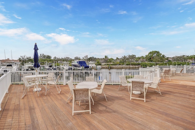 wooden terrace featuring a water view