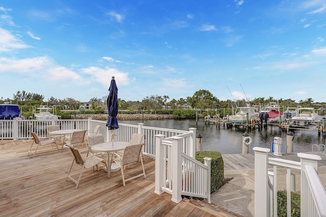 view of dock with a deck with water view