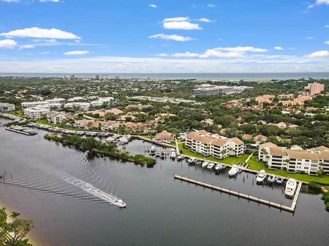 drone / aerial view featuring a water view