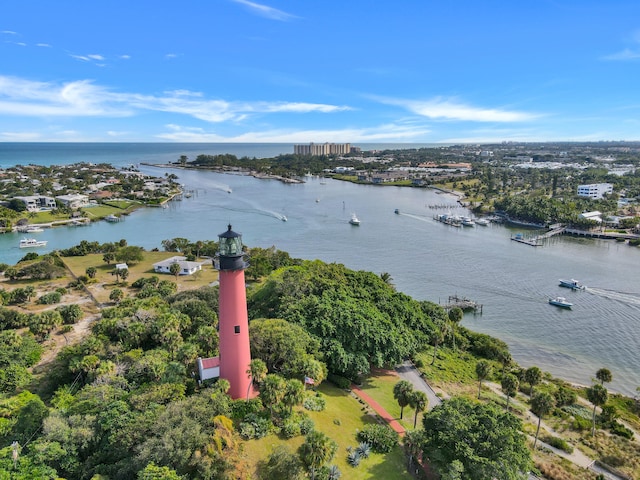 drone / aerial view with a water view