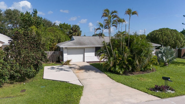 view of front of property with a front yard and a garage