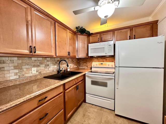 kitchen with backsplash, white appliances, light tile patterned floors, ornamental molding, and sink