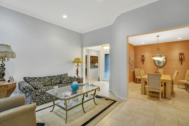 tiled living room featuring ornamental molding