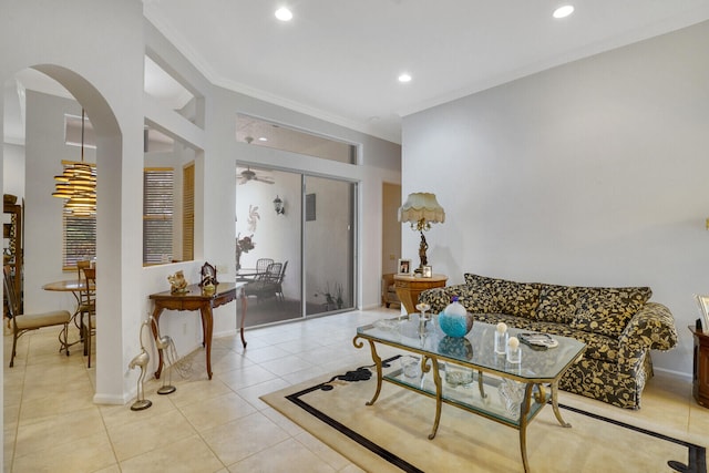 tiled living room featuring ornamental molding