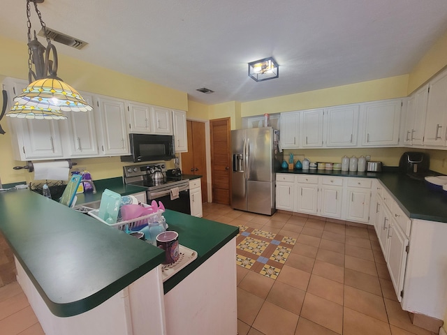 kitchen featuring light tile patterned flooring, decorative light fixtures, stainless steel fridge with ice dispenser, white cabinetry, and electric stove