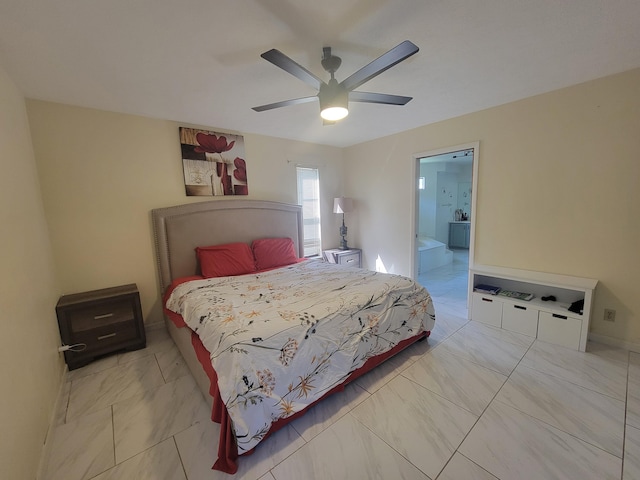 bedroom with connected bathroom and ceiling fan