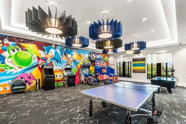 recreation room featuring a raised ceiling