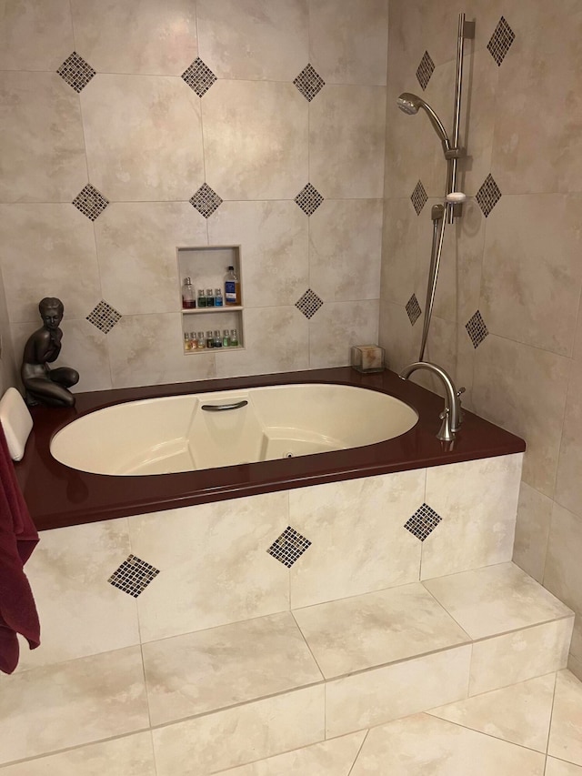 bathroom featuring shower with separate bathtub, tile walls, and tile patterned floors